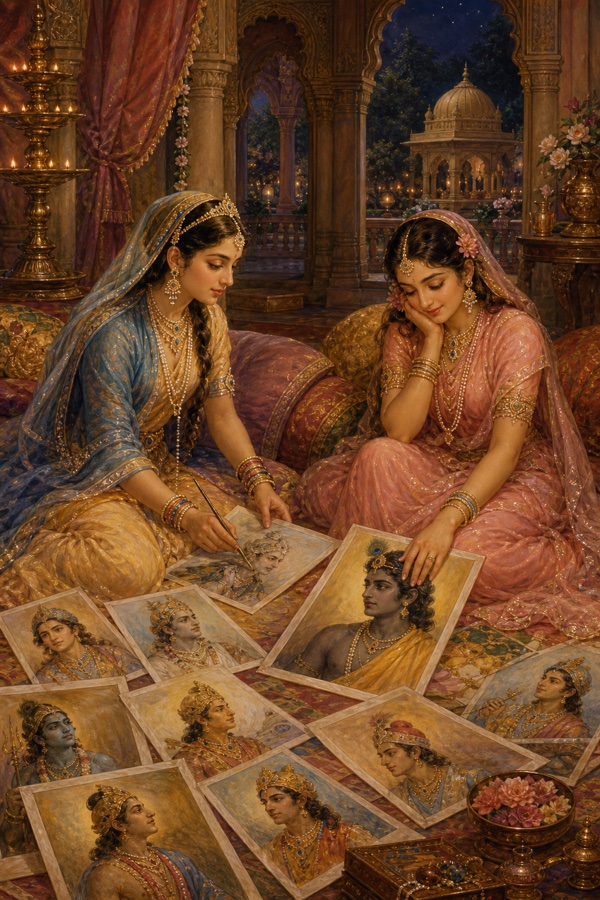 A classical-Indian color painting: Usha's friend Chitralekha (the minister Kumbhanda's daughter) seated drawing many portraits spread around them on paper, gods, gandharvas and Vrishni princes; Usha, blushing and shy with lowered head and a faint smile, rests her palm on the painted portrait of dark-skinned prince Aniruddha in yellow garment, recognizing her beloved; richly decorated palace interior.
