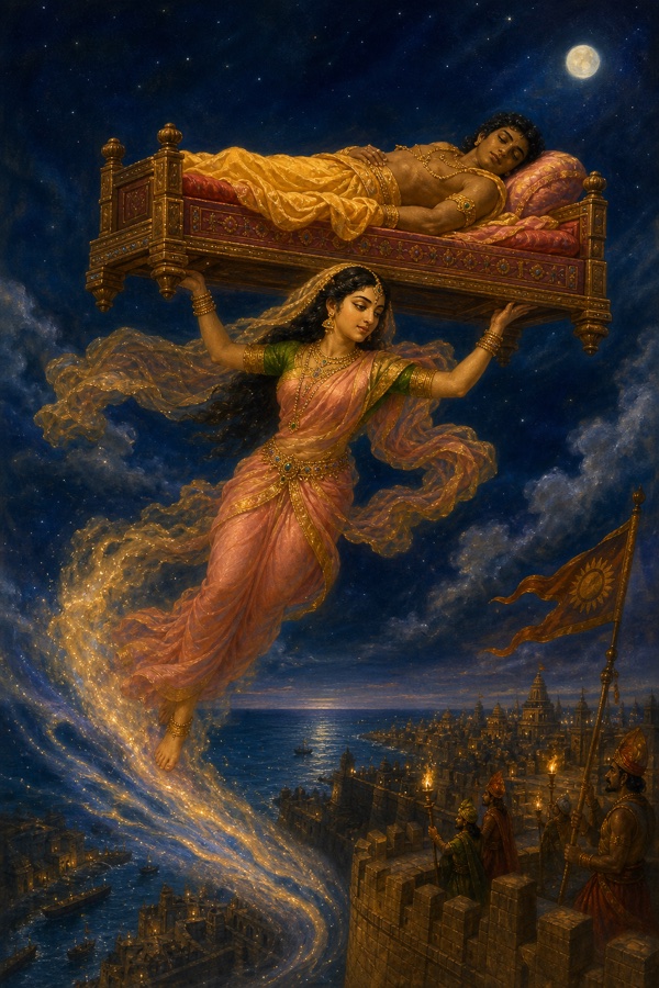 A classical-Indian color painting at night: Chitralekha, using her yogic power, lifting and carrying sleeping prince Aniruddha (dark-skinned youth in yellow silk) upon his beautiful bed through the starry sky, away from guarded Dwarka toward Sonitapur; trailing energy and clouds beneath, distant city ramparts and sea below.