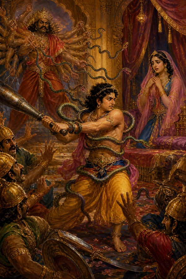 A dramatic classical-Indian color painting: prince Aniruddha, alone in Usha's chamber, swinging a heavy iron club (parigha) to beat back Banasura's rushing soldiers like a boar scattering dogs; behind him, enraged thousand-armed Banasura casts his serpent-noose magic (nagapasha) as living snakes coil and bind the youth; weeping Usha looks on, tears flowing.