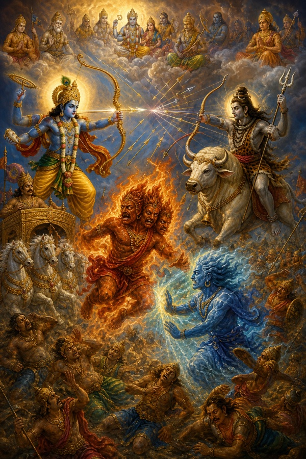 A fierce classical-Indian color battle painting: on the battlefield Lord Krishna (dark blue, four-armed, holding the Sharnga bow) faces Lord Shiva (on Nandi, trident Pinaka); between them clash two fever-spirits, the blazing three-headed three-legged Maheshvara-jvara rushing at Krishna and being overpowered by Krishna's released Vaishnava-jvara; scorched Yadu soldiers and crossing divine arrows fill the sky; gods watching above.