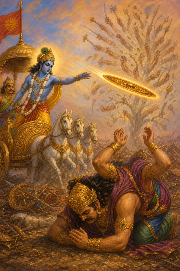 A classical-Indian color painting: Lord Krishna (dark blue, on his chariot) hurling the spinning, fiery Sudarshana discus, which slices off Banasura's thousand arms one by one like trimming small branches from a tree, leaving only four; the bloodied thousand-armed demon-king bowing low to the ground, severed arms falling around him, battlefield smoke and broken chariots.