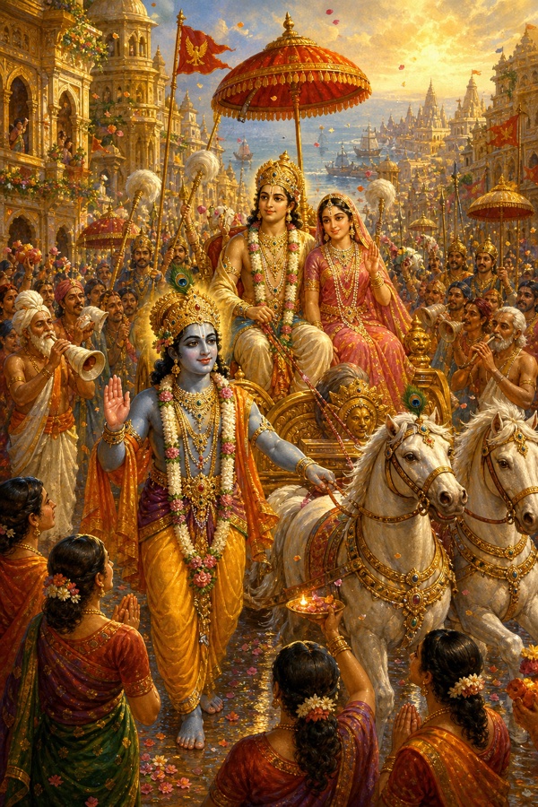 A joyful classical-Indian color painting: Lord Krishna leading the procession back to Dwarka, with prince Aniruddha and princess Usha adorned in fine garments and jewels riding ahead with an army; the festively decorated city of Dwarka, streets sprinkled with sandal-scented water, citizens and brahmins welcoming them, conches, kettledrums and dhols sounding; golden festive atmosphere.