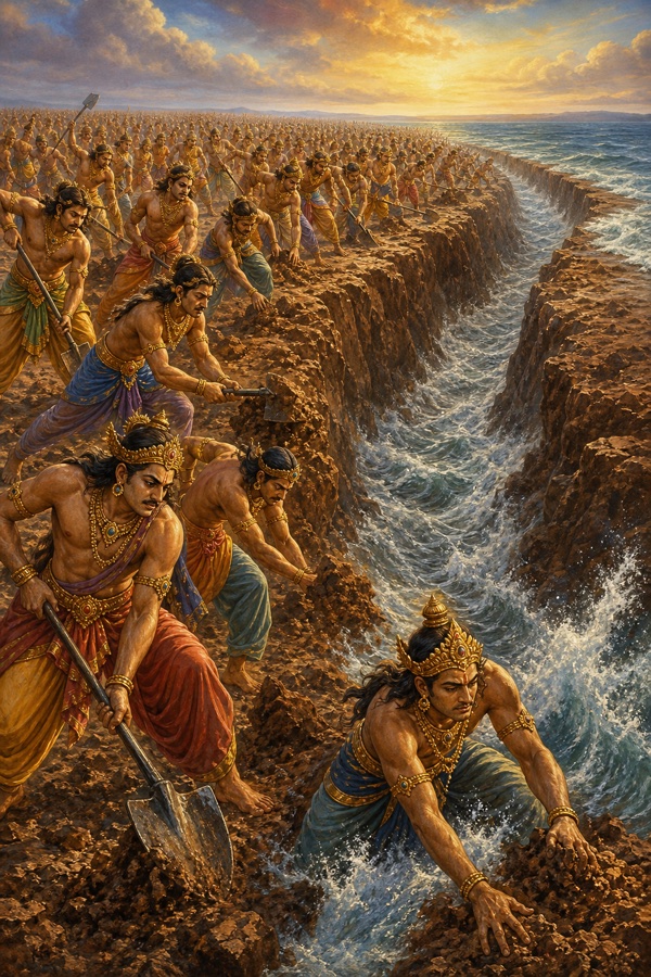 Painterly classical-Indian color illustration: King Sagara's vast army of sixty thousand proud young princes furiously digging up the earth with spades and bare hands across a cracked plain, gouging a deep gigantic trench that fills with seawater to form the ocean; rich earth-browns, churned soil, glinting water rushing in, muscular figures with arrogant expressions, dust and turned clods, expansive horizon.