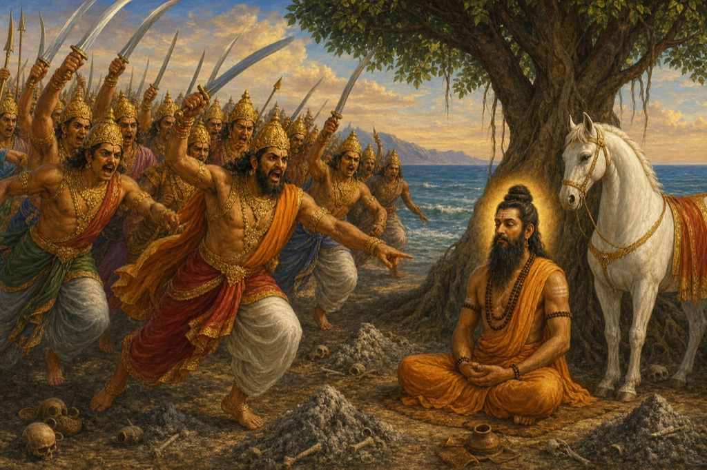 Painterly classical-Indian color illustration: the sixty thousand armed princes, faces twisted with rage and shouting accusations, lunging with raised swords and weapons toward the serene sage Kapila Muni who sits cross-legged in deep meditation with closed eyes beside the recovered sacrificial horse; the calm radiant ascetic contrasted against the storm of attackers, the white yajna horse nearby, jewel-toned palette, tension of violence about to break against stillness.