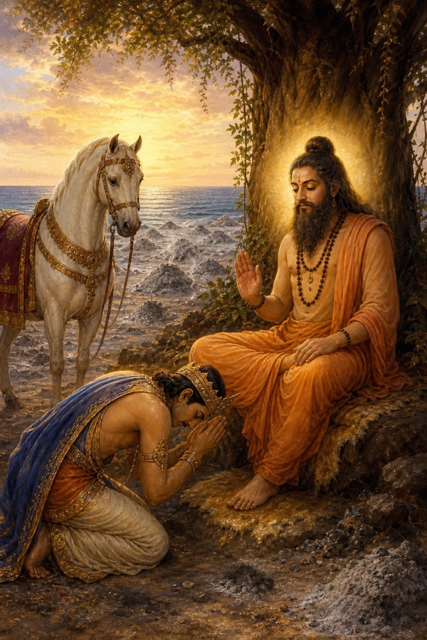 Painterly classical-Indian color illustration: the gentle prince Anshuman bowing in humility, prostrate at the feet of the seated luminous sage Kapila Muni with folded hands and a devotional expression, praising him; mounds of grey ash from the burned princes scattered along the shore of the newly formed sea, the sacrificial horse standing beside the sage, soft golden light, warm reverent mood, sea visible in the background.