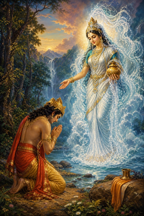 Painterly classical-Indian color illustration: King Bhagiratha standing in austere tapasya, head bowed in humble petition (not force), as the radiant river-goddess Ganga manifests before him as a luminous divine woman crowned with flowing water, appearing to grant a boon; ascetic forest setting, blue-white watery glow around the goddess, devotional jewel tones, the king's posture of surrender and yearning.