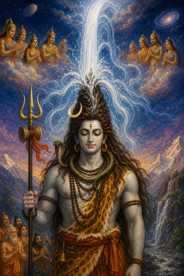 Painterly classical-Indian color illustration: Lord Shiva standing firm and serene, catching the entire thundering torrent of Ganga falling from the heavens upon his head, the whole river vanishing into his vast tangle of matted locks (jata) without any cataclysm or noise; crescent moon and rudraksha on Shiva, ash-pale skin, the white river coiling into his hair, cosmic sky above, controlled cascade, deep blues and silver-white water, awe and calm.