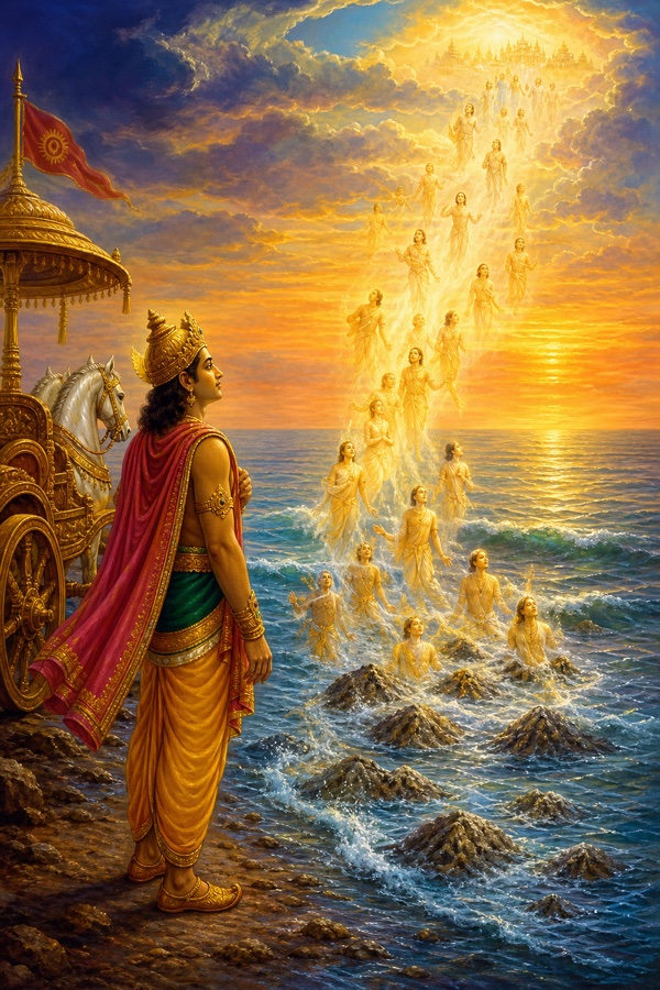 Painterly classical-Indian color illustration: at the Ganga-Sagara confluence by the sea, the descended waters of Ganga flowing forward and submerging the grey mounds of the sixty thousand princes' ashes; Bhagiratha standing on the shore beside his chariot watching, the released souls rising toward heaven as luminous forms over the water touched by the river; serene redemptive mood, golden uplifting light, blue river meeting the ocean, no mantras or ritual fire, only the touch of sacred water.