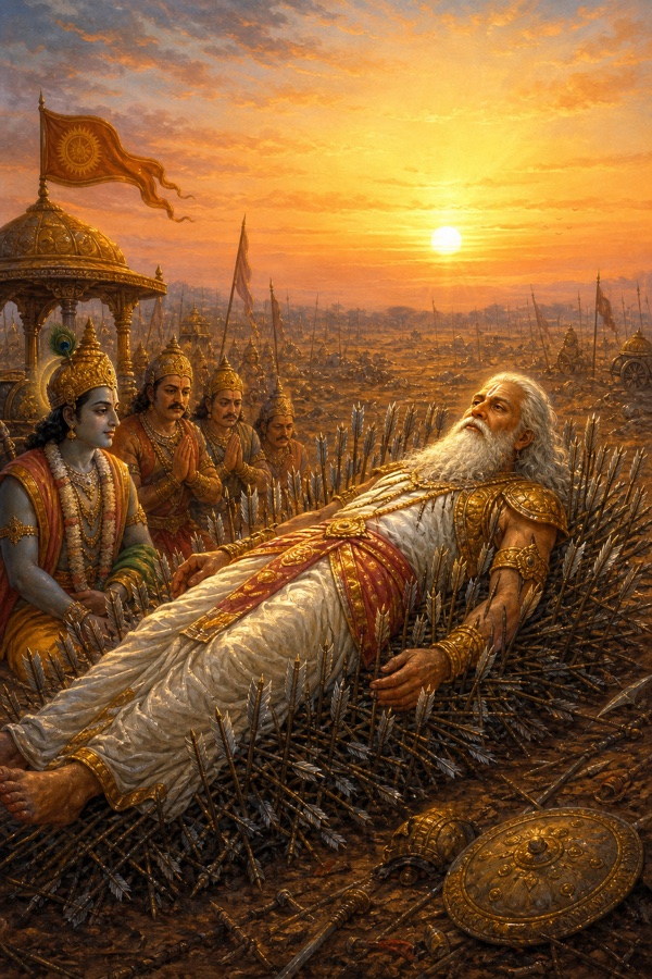 Aged grandsire Bhishma lying upon a dense bed of arrows on the deserted Kurukshetra battlefield at dawn, his whole body pierced and resting on the arrow-shafts, eyes calm and open, gazing toward the rising winter sun as he awaits the uttarayana hour to leave his body; rich classical-Indian color painting, muted battlefield earth tones with golden sky.