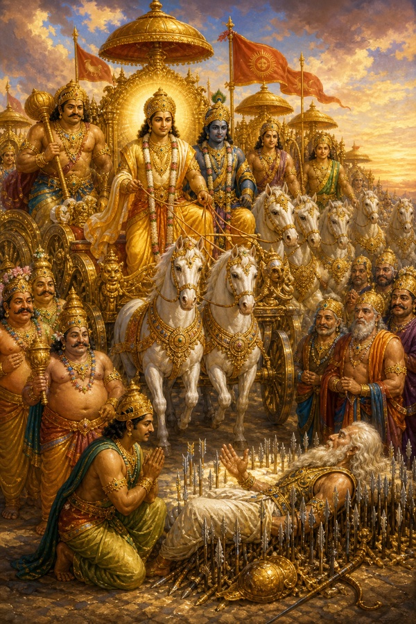 King Yudhishthira with his four brothers Bhima, Arjuna, Nakula and Sahadeva arriving on gold-ornamented chariots drawn by fine horses to the arrow-bed, with dark-complexioned Krishna in princely yellow garment also riding among them; Yudhishthira radiant like Kubera surrounded by yakshas; ornate classical-Indian color illustration, regal procession.
