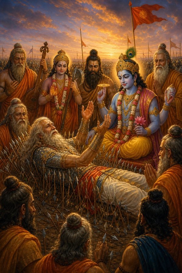 Bhishma on the arrow-bed opening his eyes, tears of love brimming, lifting his hands to honor the gathered sages (Vyasa, Narada, Parashurama, Vishvamitra and others) and worshipping four-armed Krishna seated near him; reverent classical-Indian color painting, soft light, a circle of ascetics in saffron around the dying warrior.