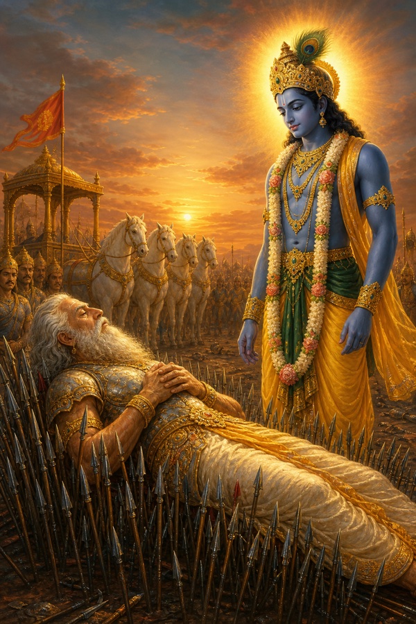 Bhishma on the arrow-bed in deep meditative stillness, falling silent, withdrawing his senses inward and fixing his whole mind upon the primeval Lord Krishna standing before him with a dark tamala-blue body and flowing yellow pitambara; serene devotional classical-Indian color illustration, inner glow of focused contemplation, arrow-wounds present but pain dissolving.