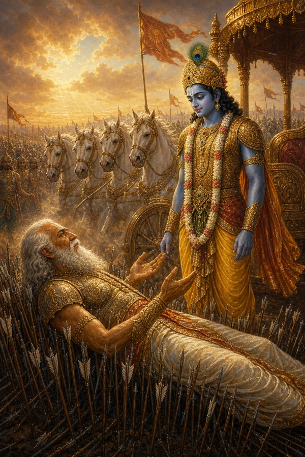 Bhishma's remembered battlefield vision: Krishna as charioteer in beautiful armor, his curly hair and face dusted by the dust raised by horses' hooves, his skin grazed by Bhishma's sharp arrows, standing fearless amid the war; the dying Bhishma offering his body, mind and soul to this armored Krishna; dynamic classical-Indian color battle scene framed as devotional remembrance.