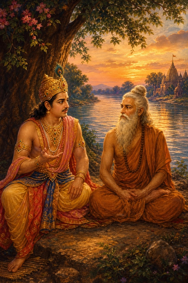 Painterly classical-Indian color illustration on the bank of the Ganga in late afternoon light: the young crowned King Parikshit sitting pensively beside the white-bearded sage Shukadeva in ascetic robes under a tree, river flowing behind them, warm dusk hues, the king turning to ask the seated muni a question.
