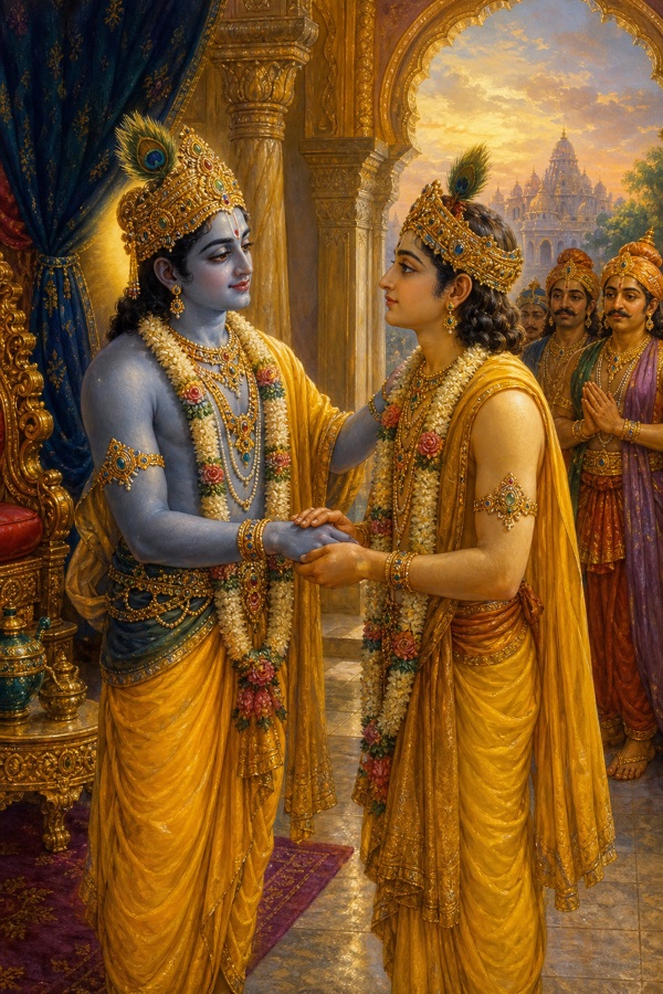 Painterly classical-Indian color scene in the Mathura palace: dark-blue Krishna in yellow pitambara and peacock crown tenderly clasping the hand of his dear friend Uddhava, who closely resembles him with long arms, lotus eyes and yellow garment, Krishna affectionately giving instructions to send him to Vraja, jewelled courtly hall.