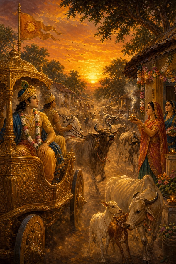 Painterly classical-Indian color illustration of sunset arrival in Vraja: Uddhava's golden chariot half-veiled in dust as cows return from the forest, rutting bulls bellowing, heavy-uddered cows running to their calves, lamps and incense smoke rising from flower-decked cottage courtyards, golden-orange evening sky over the cowherd village.