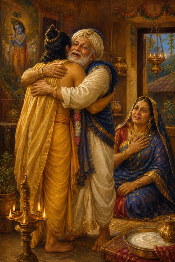 Painterly classical-Indian color scene inside Nanda's home: the elderly cowherd-chief Nanda rising joyfully to embrace Uddhava as though Krishna himself had come, mother Yashoda seated nearby with tears on her cheeks, lamps lit, warm domestic interior of Vraja, deep parental affection on the old faces.