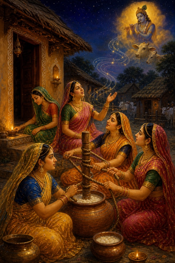 Painterly classical-Indian color illustration of pre-dawn Vraja: gopis risen in the last of night, lit lamps placed on swept thresholds for worship, then seated churning curd, bangles and earrings swaying as they pull the churning ropes, one singing Krishna's auspicious deeds while the others join, song rising into the dark sky.