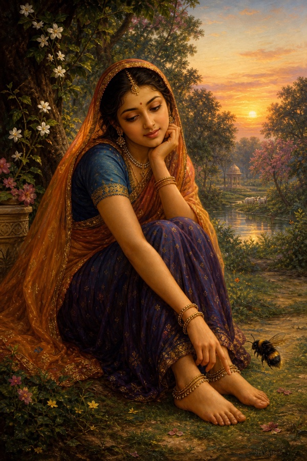 Painterly classical-Indian color scene: a single gopi seated with half-closed eyes lost in memory of Krishna, a black bumblebee humming and hovering near her feet, she gazing at it through half-open eyes about to address it with mingled love and reproach, soft Vraja garden setting at dawn.