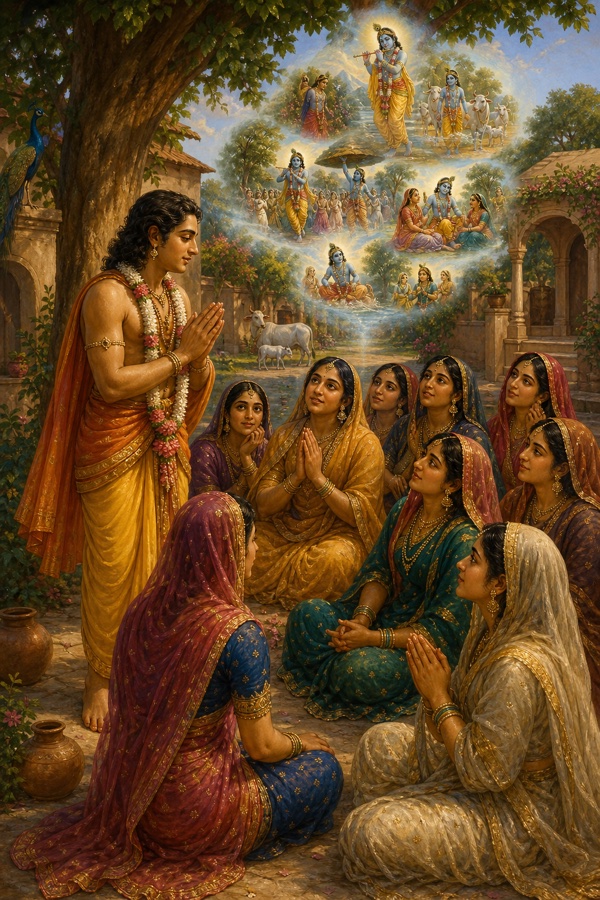 Painterly classical-Indian color illustration: Uddhava with folded hands and humbled expression gently delivering Krishna's message to a circle of seated gopis, the women listening with calmed faces and folded hands, their grief easing as they realize Krishna pervades all, serene daytime Vraja courtyard.