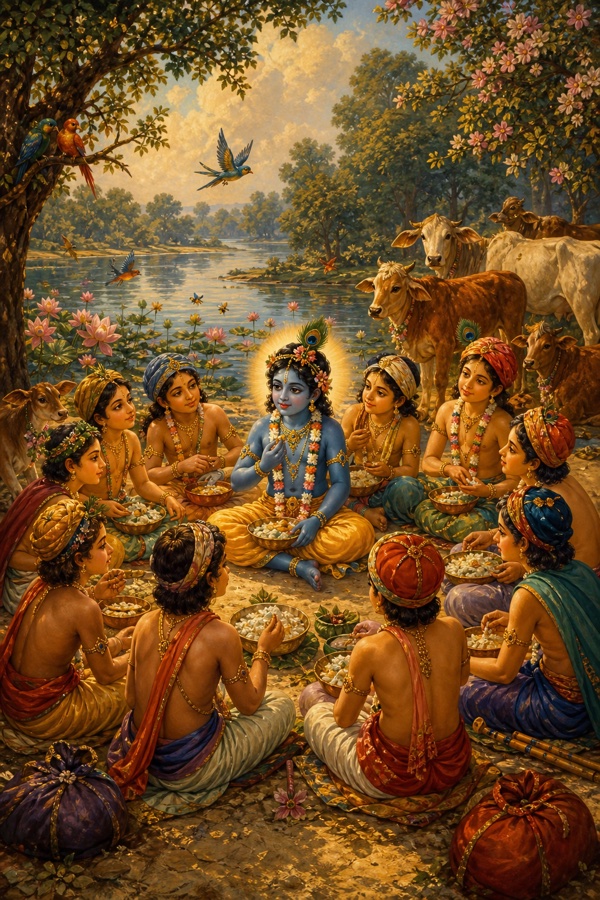 Painterly classical-Indian color scene on the soft sand of the Yamuna bank: the young cowherd boys (gopas) sit in a ring eating their packed curd-rice meals, with little Krishna (Shyamasundar), dark-blue-skinned and crowned with a peacock feather, seated radiant in the very centre, so the circle looks like lotus petals around the flower's calyx; blossoming lotuses, hovering bees and bright birds nearby, grazing calves at the edge.
