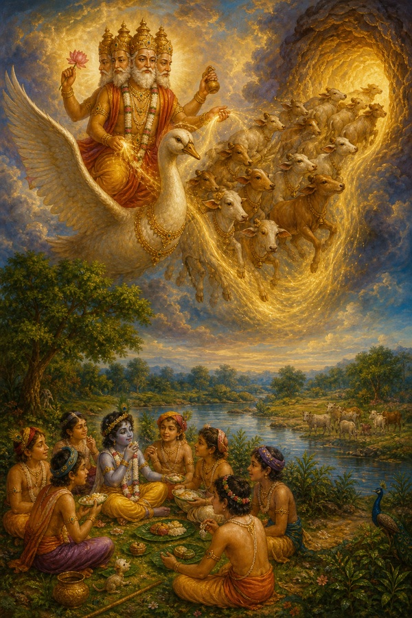 Four-headed Brahma in the sky above Vrindavan, swan-borne and luminous, using his yogic power to lift the herd of calves up and away through the air to hide them in a hidden cave; below, the unaware cowherd boys still eat by the river. Classical-Indian color illustration, devotional tone.
