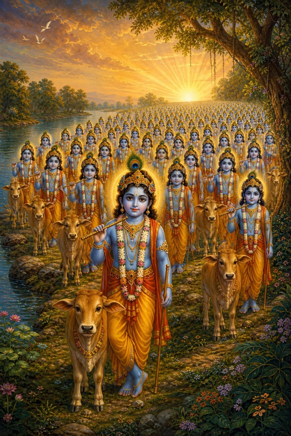 Krishna on the Yamuna bank expanding himself into countless identical forms: rows of identical blue Kanha boys, each with peacock-feather crown, flute and herding stick, and a matching calf beside each, all utterly alike in size, dress and ornament; one inner radiance shining through every form. Rich painterly classical-Indian color art conveying many-as-one.