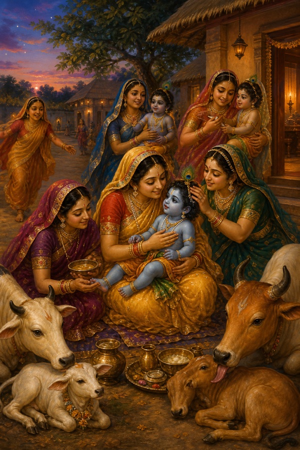 Evening in the Vraja village courtyards: gopi mothers, hearing the flute, run out and lift the Kanha-formed boys into their laps against their chests to nurse them, then anoint them with oil and sandal paste and dress them in fine clothes and ornaments; cows licking their new calves nearby. Warm domestic classical-Indian color scene.