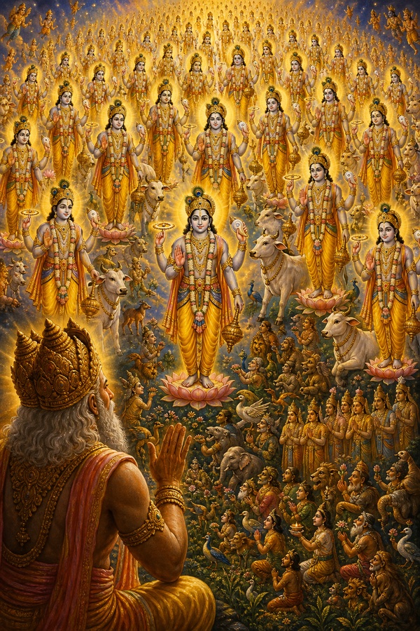 Brahma's overwhelming vision: every boy and every calf revealed as four-armed Vishnu-Krishna in yellow silk (pitambara) and peacock-feather crown, holding conch, discus, mace and lotus, one being in innumerable forms; at the feet of each, all creatures from other Brahmas down to blades of grass dance and worship with offerings, the twenty-four cosmic principles standing with folded hands. Majestic painterly classical-Indian color illustration.