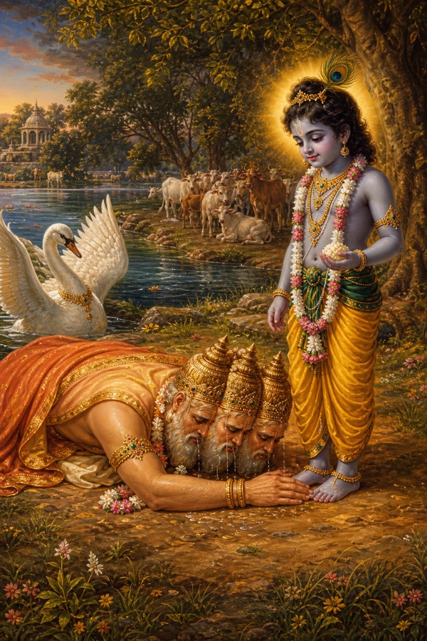 Humbled four-headed Brahma leaps down from his swan vehicle and falls flat like a rod on the ground before child Krishna, touching Krishna's lotus-feet with the tips of his four crowns and bathing them with streaming tears of joy; little Shyamasundar stands gently smiling, still holding a morsel of curd-rice in his left hand. Reverent classical-Indian color scene on the Yamuna bank.