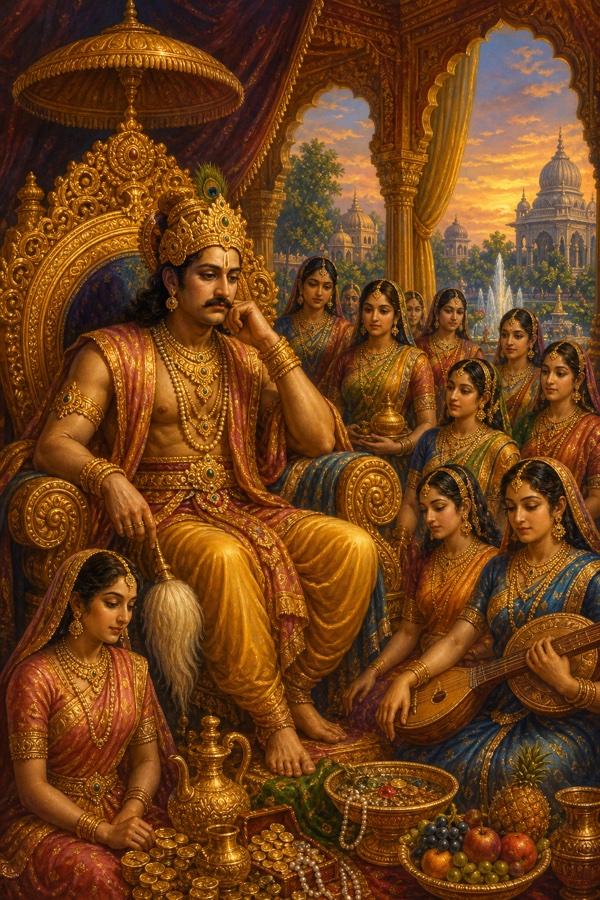 Emperor Chitraketu of Shurasena, a majestic chakravartin king on a golden throne in a richly adorned palace, crown and jewels gleaming, surrounded by his vast prosperity and many queens, yet his face shadowed by quiet emptiness; classical Indian color illustration.