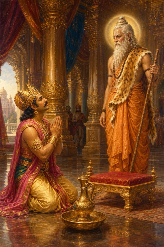 The sage Angira, a luminous ascetic with matted hair, arriving at Chitraketu's palace; the king rising to honor him with arghya water and an offered seat, then sitting humbly on the ground with folded hands; warm classical Indian color illustration.