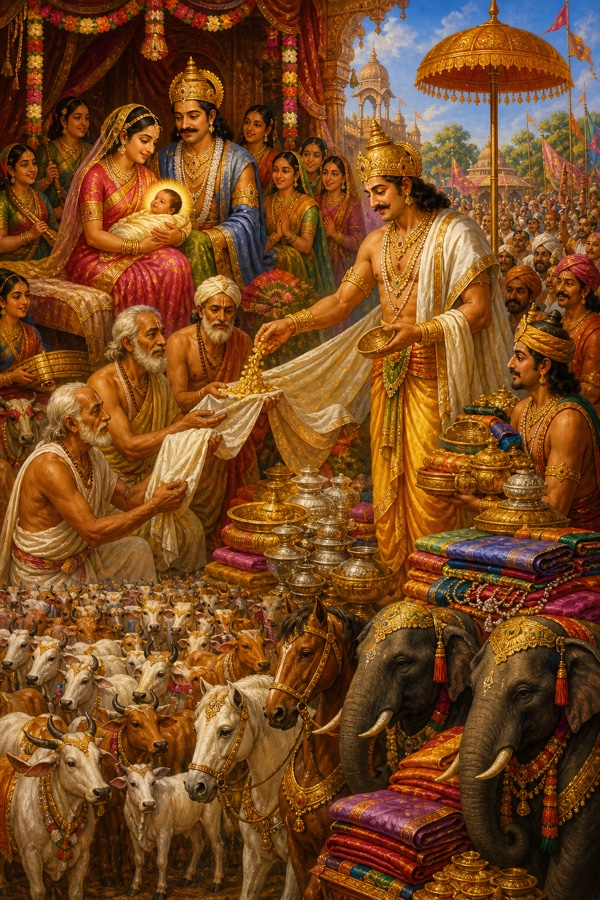 Joyous birth-celebration of Chitraketu's son; the king after his bath distributing lavish charity to brahmins, gold, silver, cloth, horses, elephants and herds of sixty crore cows, the whole kingdom rejoicing like rain falling on all; festive classical Indian color illustration.