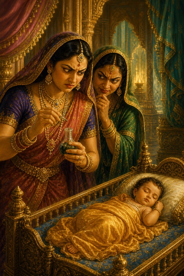 The jealous childless co-queens secretly poisoning the infant prince inside the palace, faces twisted with envy and cruelty, the unsuspecting baby and a hidden vial of poison; tense classical Indian color illustration, no other characters named.