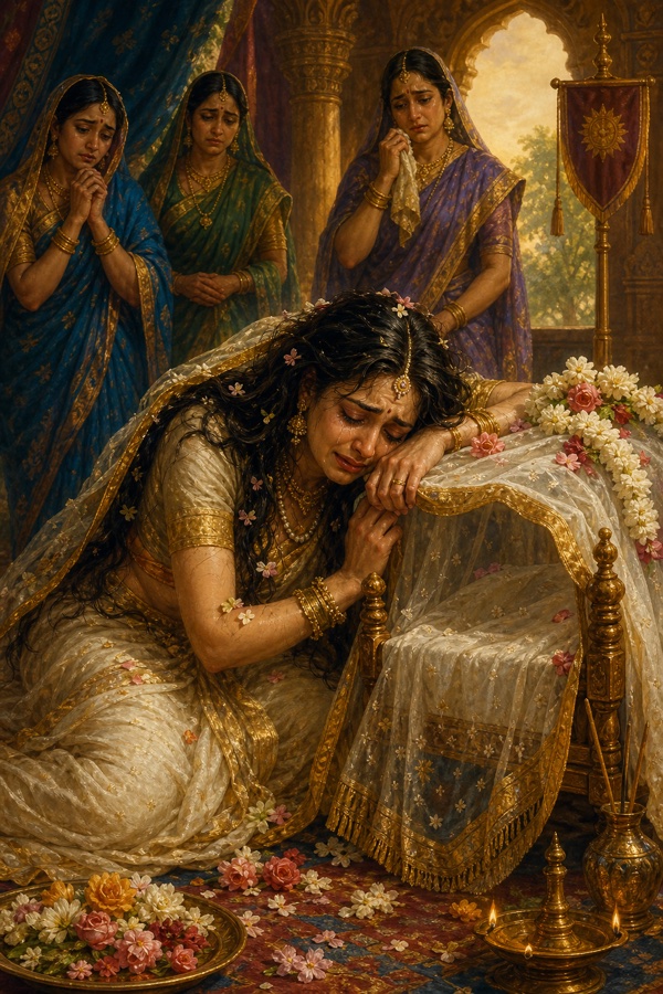 Queen Kritadyuti collapsed beside her dead infant son, hair disheveled and garments awry, wailing like a kurari bird, tears soaking her saffron-and-sandal-anointed breast, flowers falling from her hair; grief-stricken classical Indian color illustration.