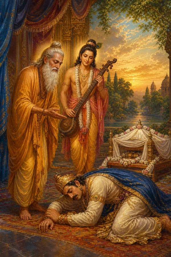 Sages Angira and the celestial Narada standing before the prostrate, fainting King Chitraketu beside his dead son, Angira gently questioning him about past and future births; consoling classical Indian color illustration with the two radiant sages and the grieving king.