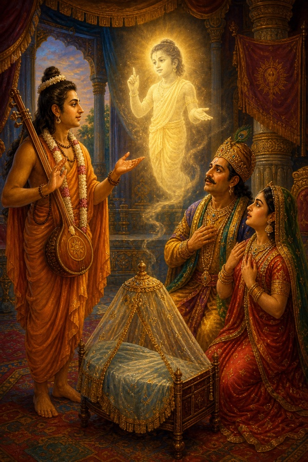 Narada by his yogic power briefly recalling the soul of the dead child; a luminous spirit-form near the small body addressing the stunned royal parents, speaking words of wisdom about the deathless eternal self; mystical classical Indian color illustration.