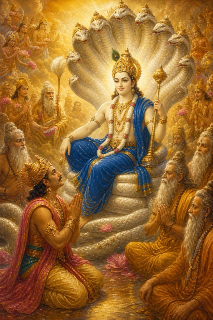 Chitraketu beholding Lord Sankarshana (Shesha) seated amid a circle of perfected siddhas; the Lord's body fair as a lotus-stalk, blue garment, crown, armlets, waist-girdle and wristlets, reddish eyes and a serene welcoming smile; resplendent classical Indian color illustration.