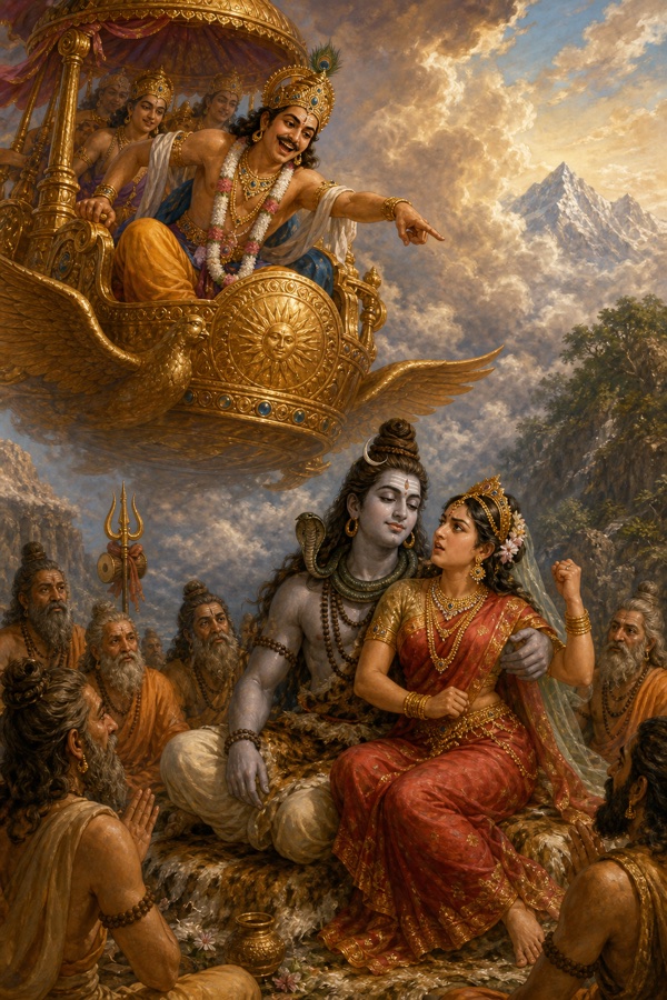 Chitraketu aboard his radiant celestial aircraft in the sky, looking down and laughing mockingly at Lord Shiva, who sits in an assembly of sages embracing his consort the Goddess on his lap; matted-haired Shiva calm, the Goddess about to grow angry; classical Indian color illustration, the goddess never named.