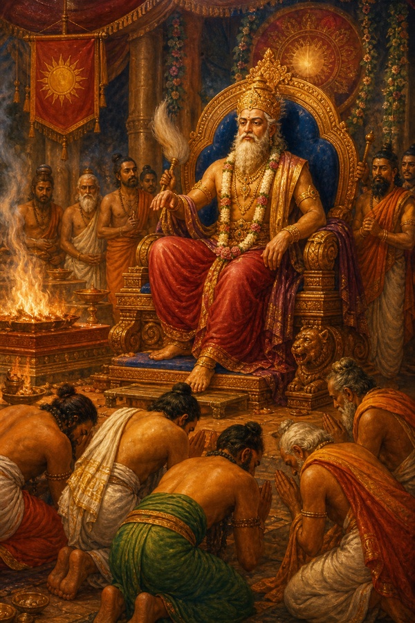 Painterly classical-Indian color illustration: Daksha Prajapati, a regal crowned patriarch with a proud bearing, seated on a high throne presiding over a Vedic yajna, mantras and ghee-flames around him; lesser sages and attendants bow their heads low before him while he counts the bowing heads with cold satisfaction, his pride subtly visible; warm gold and crimson palette.