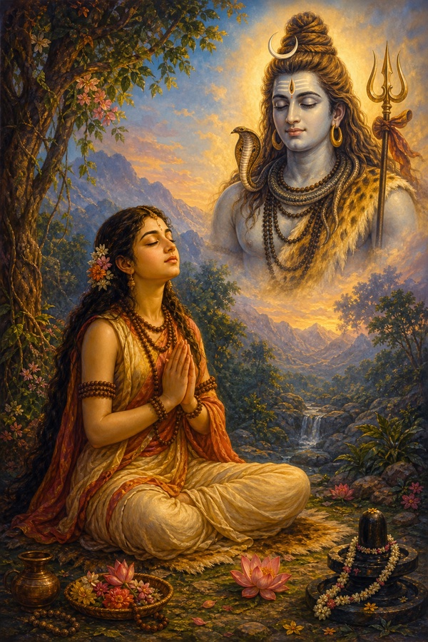 Painterly classical-Indian color illustration: young Sati, a gentle innocent maiden, seated in deep tapasya in a forest clearing, eyes closed in devotion, longing only for Shiva; above or before her a luminous vision of ascetic Shiva with matted locks and crescent moon; soft dawn light, blues and saffron, lotuses and rudraksha motifs.