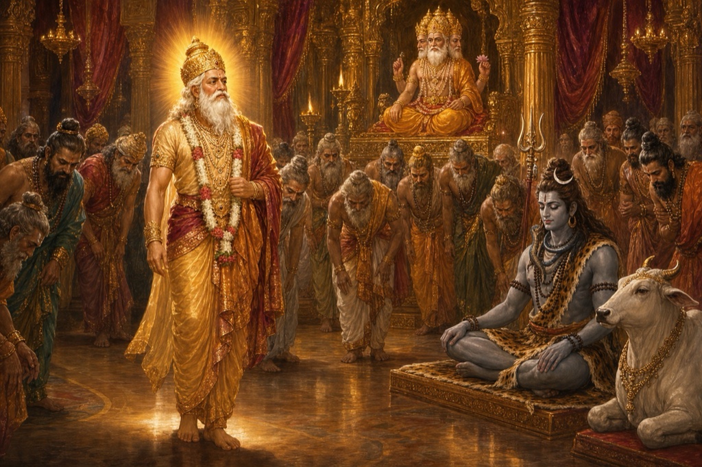 Painterly classical-Indian color illustration: grand assembly hall of sages and gods; radiant sun-bright Daksha entering, all assembled rishis and devas rising from their seats with bowed heads, except Brahma and Mahadeva; Shiva alone seated serene with half-closed eyes lost in inner meditation, unmoving; lamplit golden hall, jewel-toned robes.