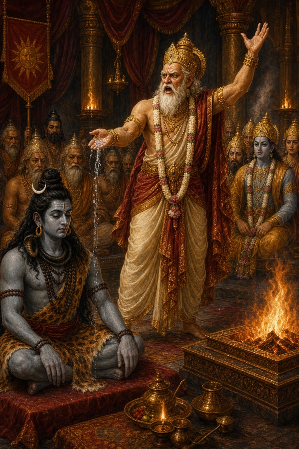 Painterly classical-Indian color illustration: enraged Daksha standing in the assembly, hand raised, hurling insults; he holds water in his palm to pronounce a curse barring Shiva from yajna shares; the assembled gods and sages sit stunned and silent; Shiva serene and undisturbed; dramatic firelit hall, tense crimson and shadow tones.