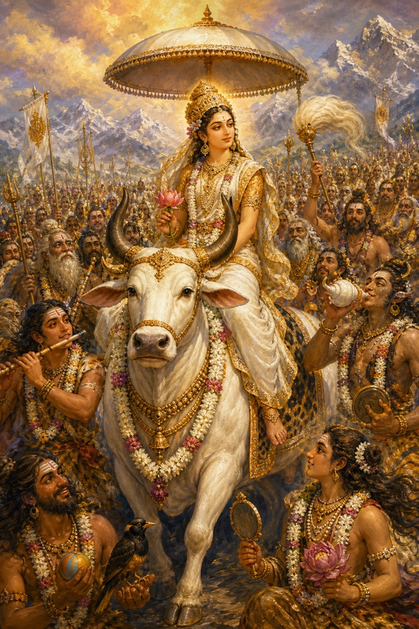 Painterly classical-Indian color illustration: Sati riding upon the great white bull Nandi, Shiva's vahana, setting out for her father's yajna; thousands of Shiva's ganas, parshadas and yakshas follow with white parasol, chamara fans, garlands, conch, drums and flute, and toys like a myna bird, ball, mirror and lotus; festive procession, white and gold, mountain sky.