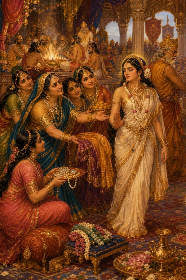 Painterly classical-Indian color illustration: Sati arrived at the yajna hall; her mother and sisters rush to embrace her warmly, offering seats, jewels, garments and sweet gifts; but Sati stands withholding, refusing the honors, her face grave, while the rest of the assembly and her father turn their faces away from her; busy yajna pavilion, mixed warmth and coldness.