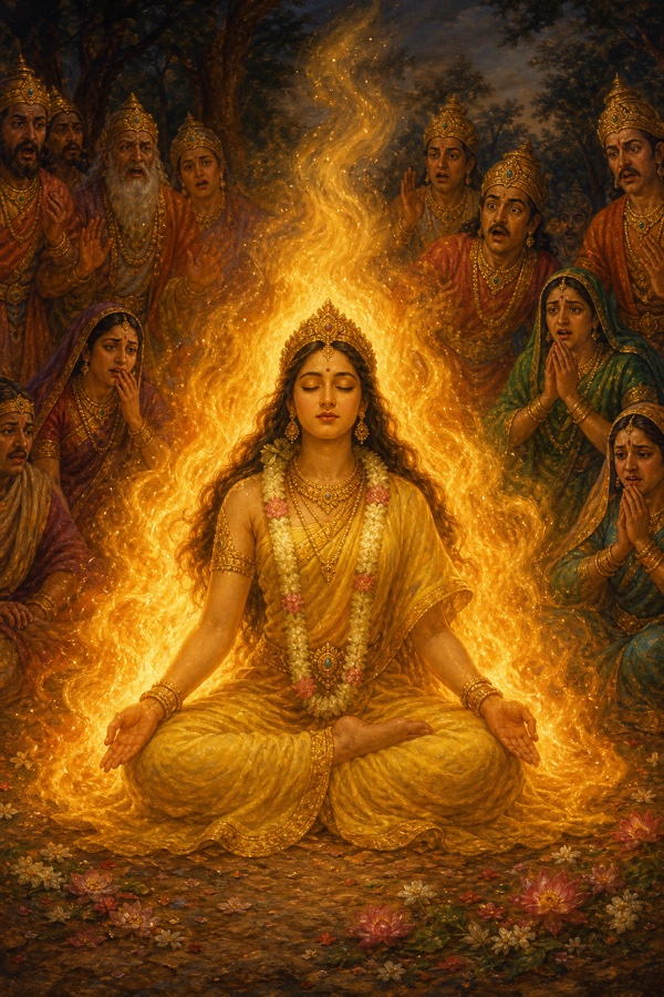 Painterly classical-Indian color illustration: Sati seated firmly on the ground facing north, draped in her yellow garment, eyes closed in deep yogic samadhi; the fire of her own meditation rising from within her body and engulfing her in flames on every side; her face utterly serene and peaceful; stunned onlookers in the background; ethereal gold and orange inner fire.