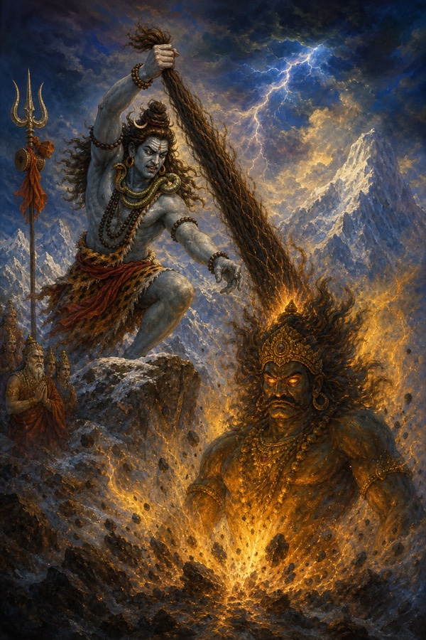 Painterly classical-Indian color illustration: wrathful Shiva on Mount Kailasa, terrible anger on his face, tearing a single lock from his matted hair and dashing it to the ground with full force; from that lock the colossal sky-touching figure of Virabhadra, eyes blazing with fire, begins to emerge; stormy dramatic sky, lightning, blue and fiery tones.