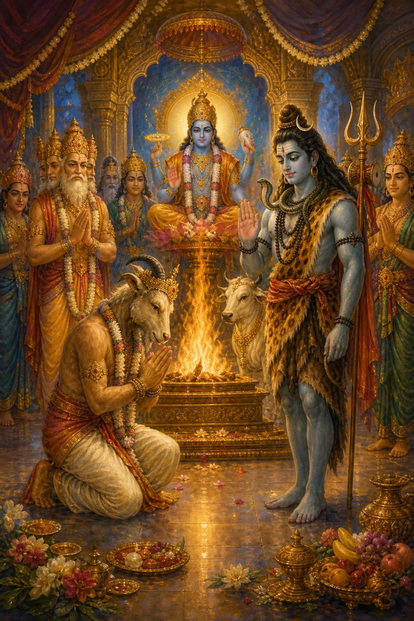 Painterly classical-Indian color illustration: revived Daksha, now bearing a goat's head upon his body, kneeling with bowed head and folded hands in humble praise of Shiva; Brahma and the gods stand by, the pacified Shiva nearby; the rebuilt yajna fire burning with Sri Hari as the worshipped deity; restored calm hall, warm gold and serene blue palette.