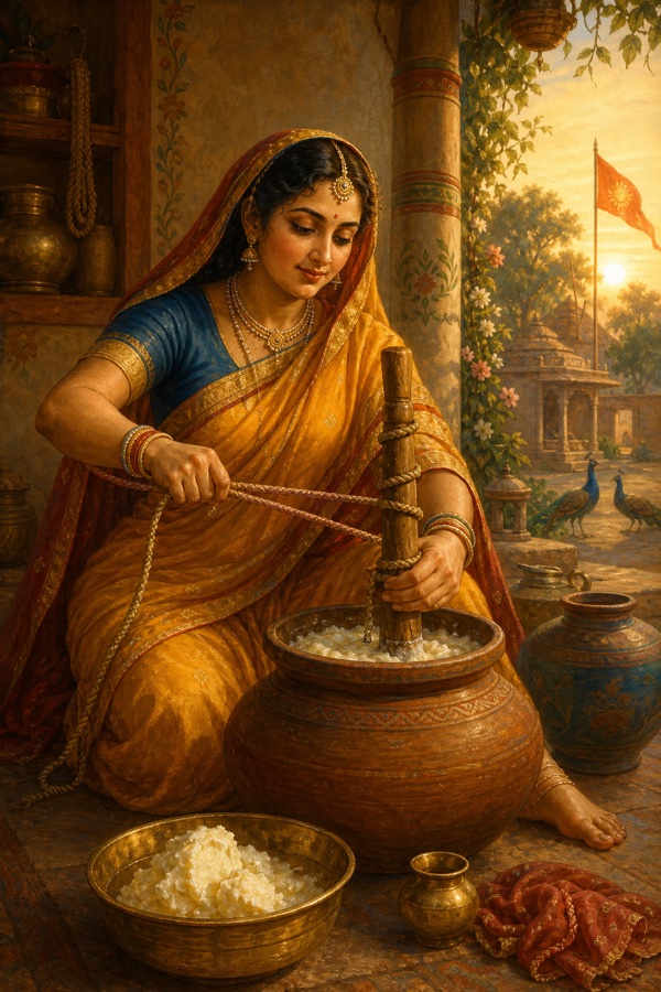 Rich painterly classical-Indian color scene: in a Vrindavan home at dawn, mother Yashoda alone churns curd in a clay pot with a wooden churning-rod, one hand pulling the churning rope and the other steadying it, making butter for her little Krishna; warm morning light, traditional Braj courtyard, no other characters.
