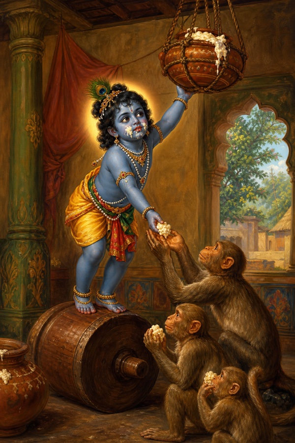 Rich painterly classical-Indian color scene: dark-blue child Krishna stands balanced on an overturned wooden grinding-mortar, reaching up to a hanging butter-pot (chhinka) and handing scooped butter to a few monkeys gathered below; butter smeared on his face, eyes darting warily as if fearing he is caught; a Braj village home interior.